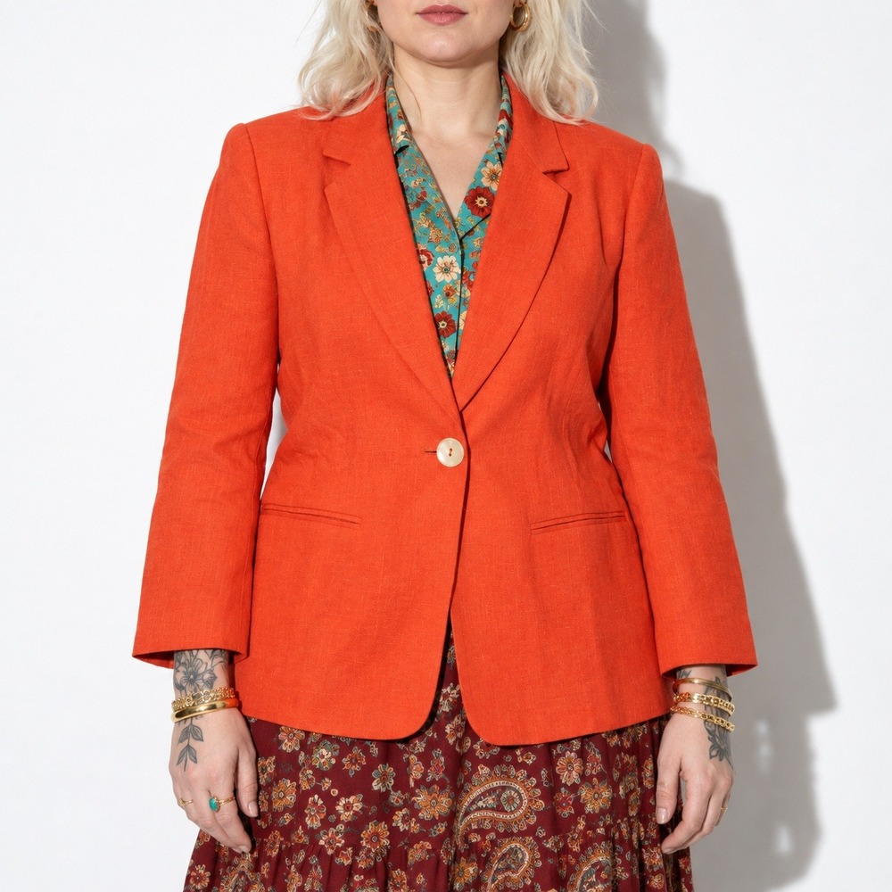 Linen Blazer Womens PL Petite Orange Textured Vintage 90s Harve Benard 1 Button